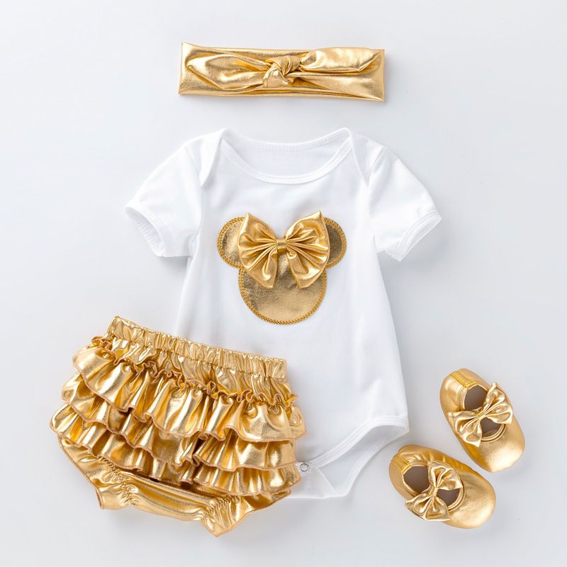 Black and white new baby short sleeved shirt gold PP pants set, newborn summer short sleeved bag fart jacket+walking shoes+hair accessories
