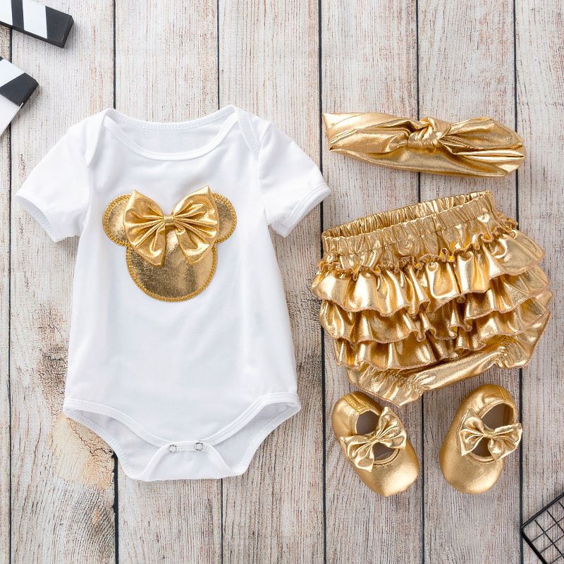 Black and white new baby short sleeved shirt gold PP pants set, newborn summer short sleeved bag fart jacket+walking shoes+hair accessories
