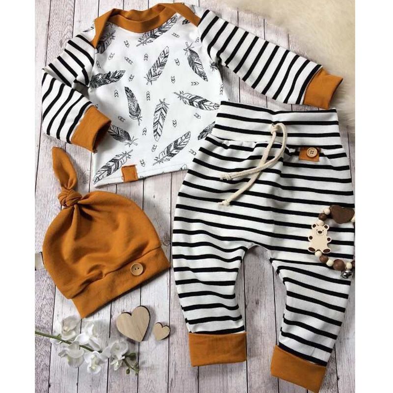 MUQGEW Winter Baby Newborn Baby Boy Girl Clothes Feather T shirt Tops Striped Pants Clothes Outfits Set vetement enfant fille
