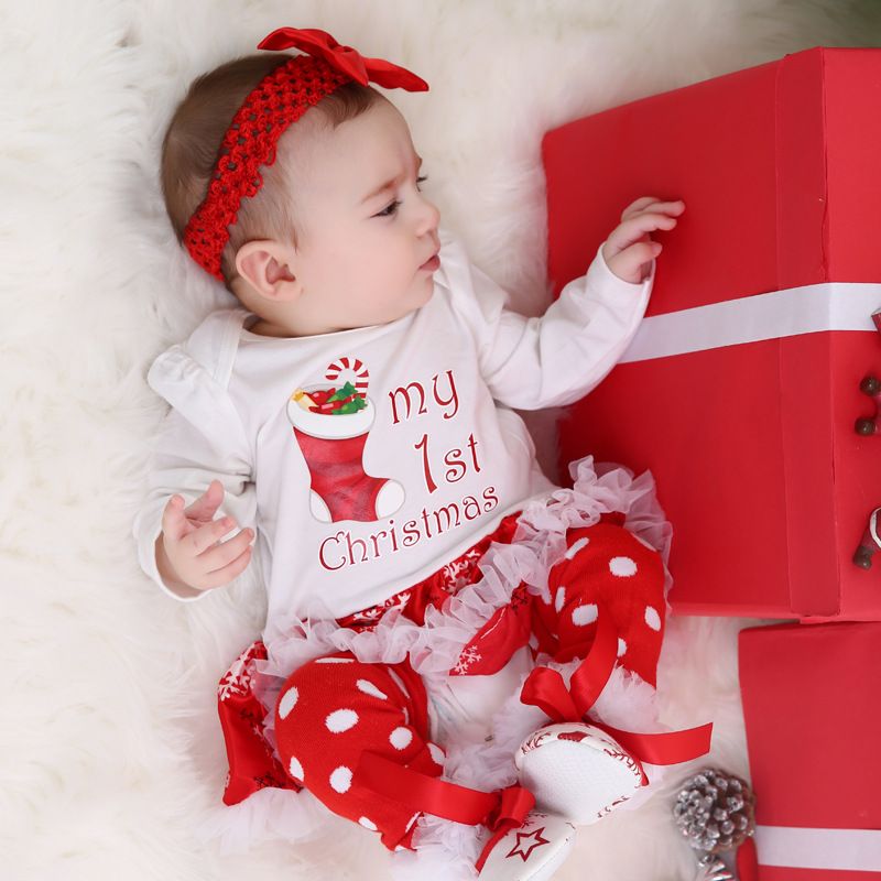 Christmas Baby Girl Clothes Newborn Baby Outfits My First Christmas Girl Dress Roupa Baby Tutu Rompers Infant Lace 4pcs Clothing