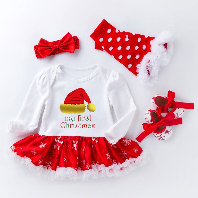 Christmas Baby Girl Clothes Newborn Baby Outfits My First Christmas Girl Dress Roupa Baby Tutu Rompers Infant Lace 4pcs Clothing
