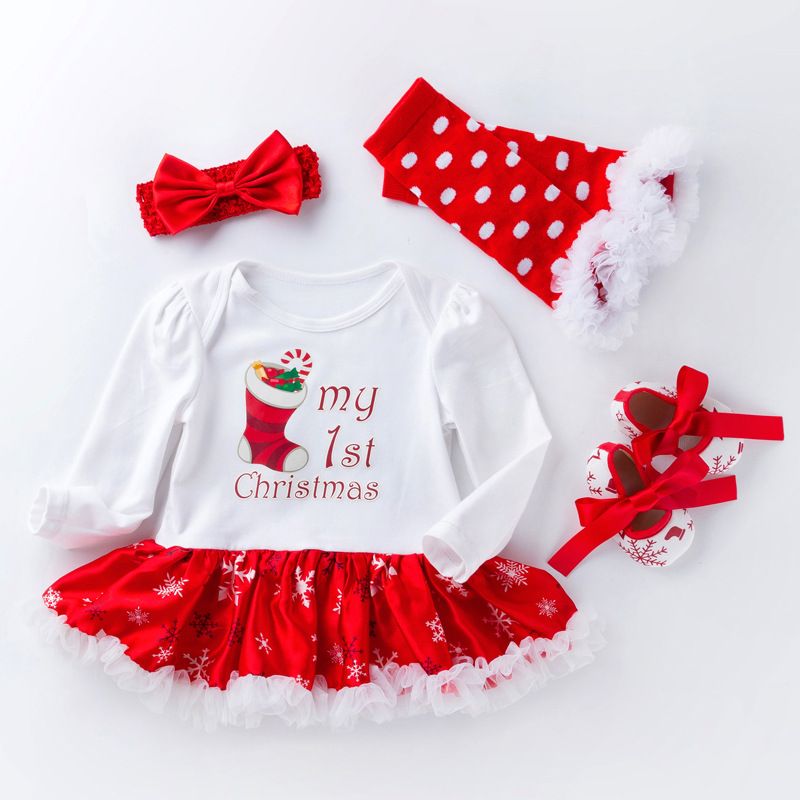 Christmas Baby Girl Clothes Newborn Baby Outfits My First Christmas Girl Dress Roupa Baby Tutu Rompers Infant Lace 4pcs Clothing