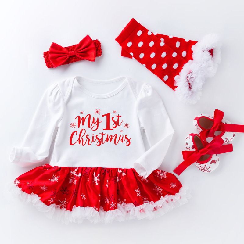 Christmas Baby Girl Clothes Newborn Baby Outfits My First Christmas Girl Dress Roupa Baby Tutu Rompers Infant Lace 4pcs Clothing