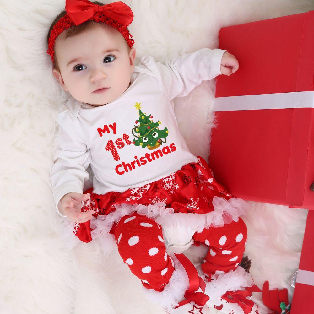 Christmas Baby Girl Clothes Newborn Baby Outfits My First Christmas Girl Dress Roupa Baby Tutu Rompers Infant Lace 4pcs Clothing