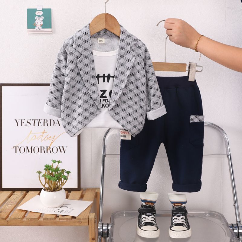 New baby clothing set boys' stylish children's three piece suit handsome suit for 0-5 years old suit+T-shirt+pants