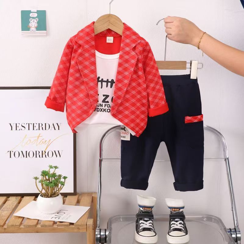New baby clothing set boys' stylish children's three piece suit handsome suit for 0-5 years old suit+T-shirt+pants