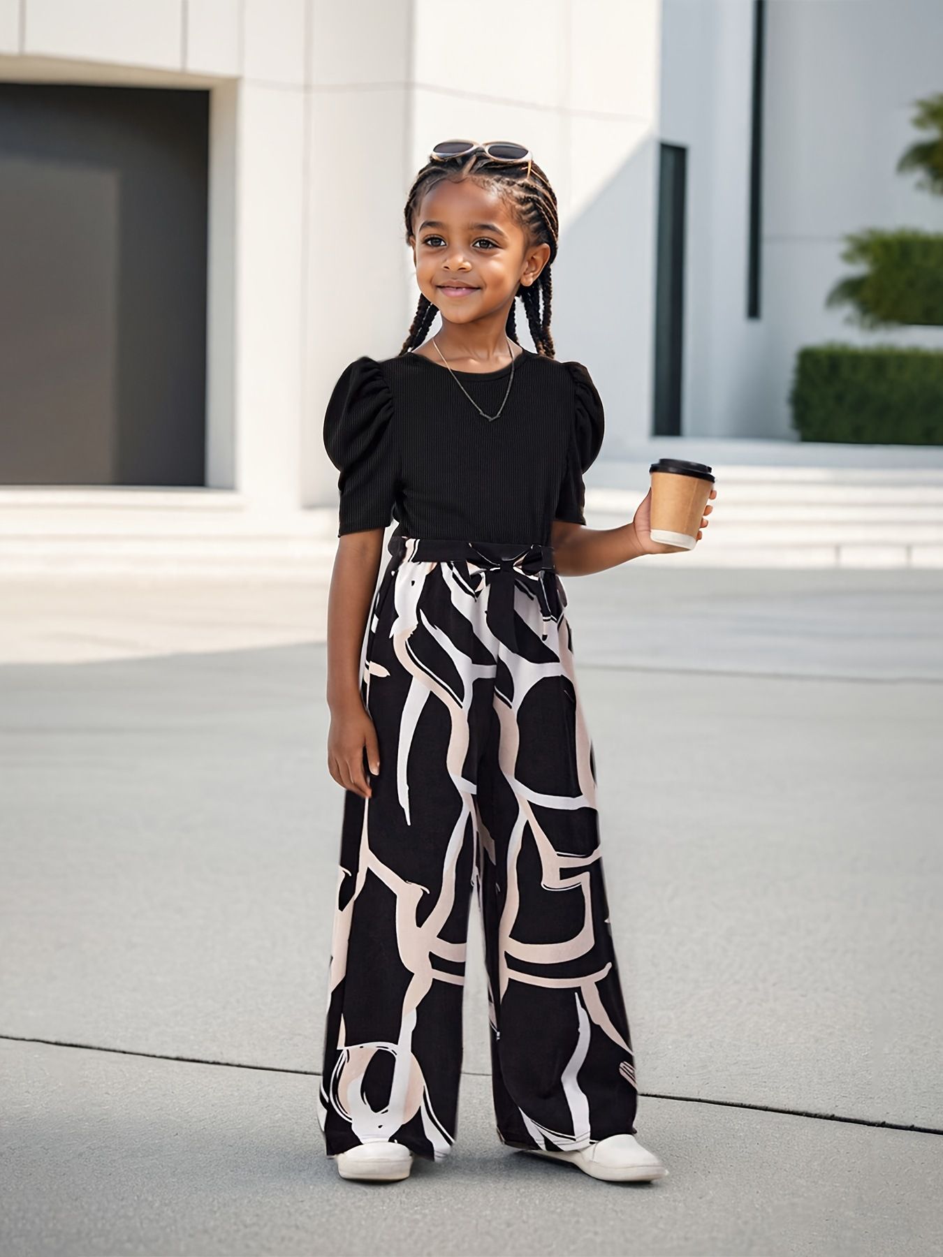 European and American INS girls' clothing set summer clothes bubble sleeves fashionable casual top+floral print wide leg pants stylish 2-piece set