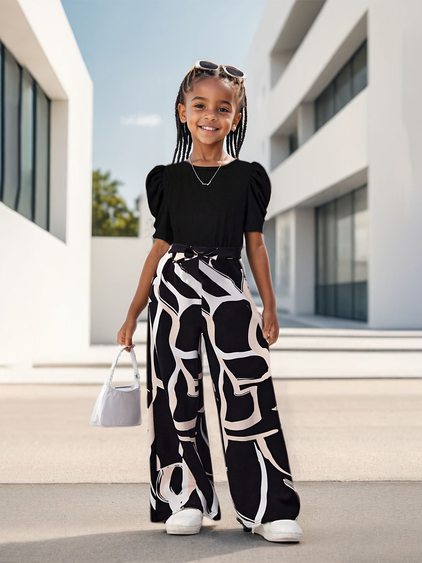 European and American INS girls' clothing set summer clothes bubble sleeves fashionable casual top+floral print wide leg pants stylish 2-piece set