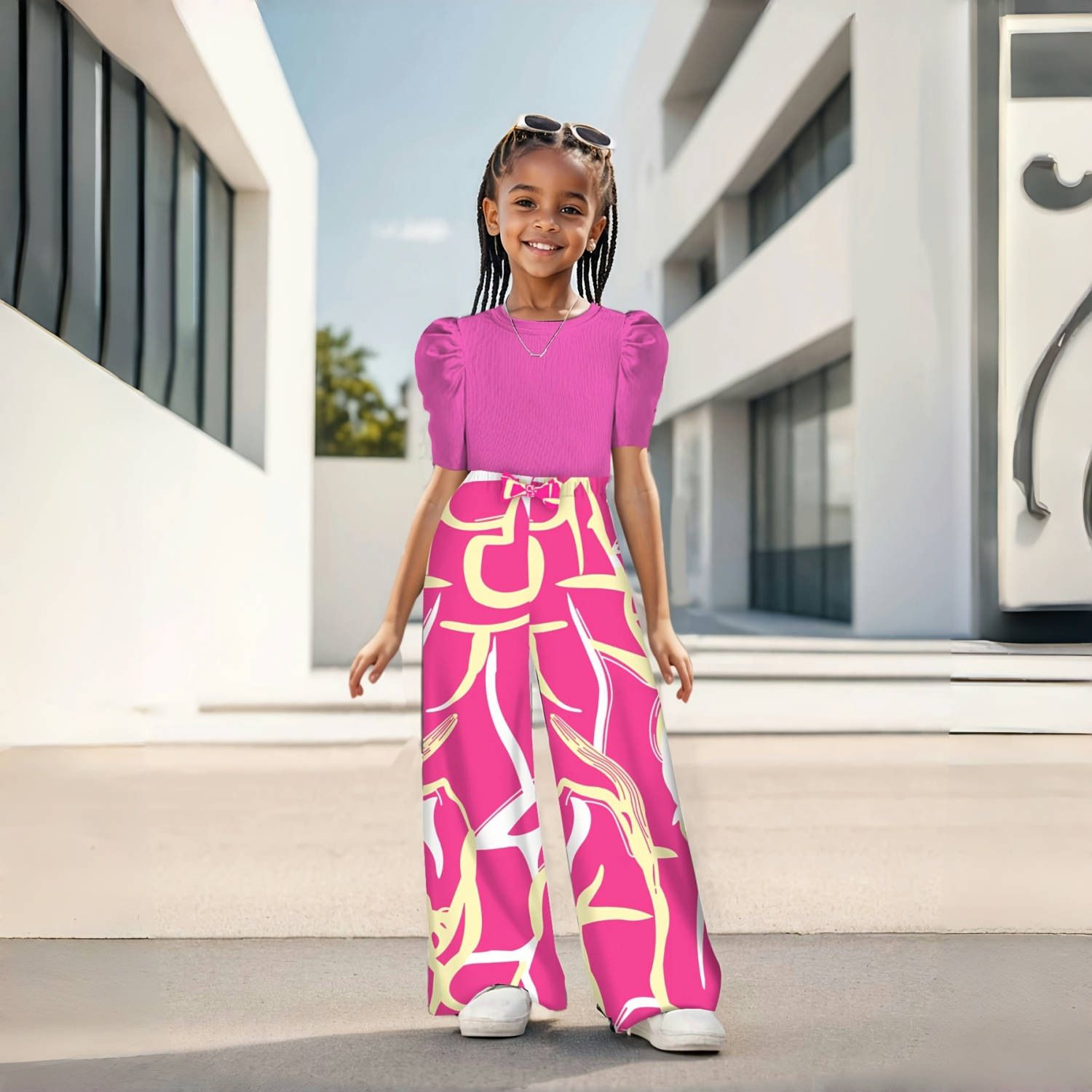 European and American INS girls' clothing set summer clothes bubble sleeves fashionable casual top+floral print wide leg pants stylish 2-piece set