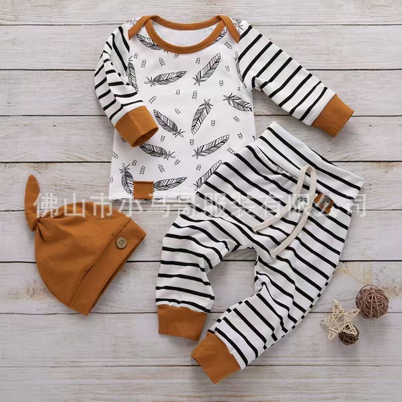 MUQGEW Winter Baby Newborn Baby Boy Girl Clothes Feather T shirt Tops Striped top+pants+hat 3-piece set