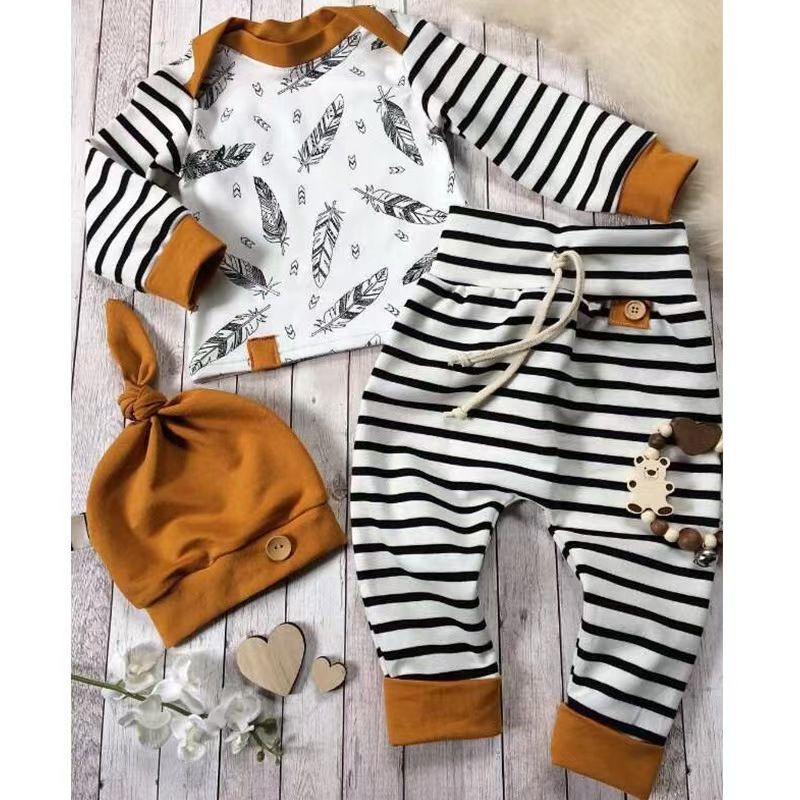 MUQGEW Winter Baby Newborn Baby Boy Girl Clothes Feather T shirt Tops Striped top+pants+hat 3-piece set