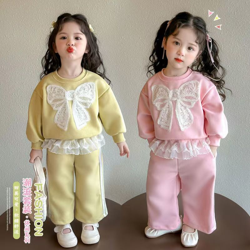 Baby girl's top and pants set new lace and stylish lace hoodie casual girls' sweatpants two-piece set