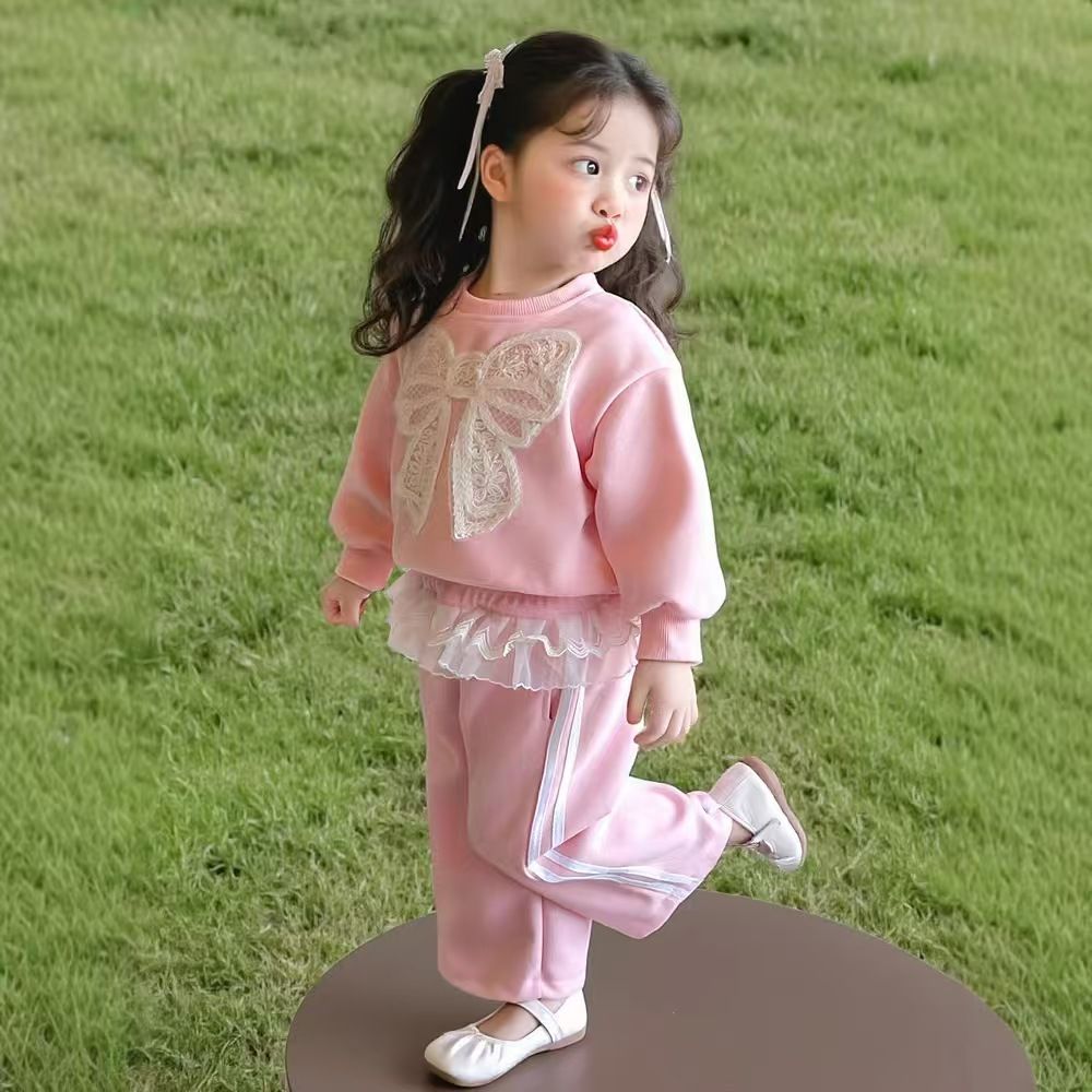 Baby girl's top and pants set new lace and stylish lace hoodie casual girls' sweatpants two-piece set