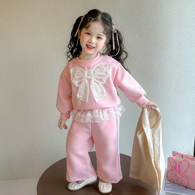 Baby girl's top and pants set new lace and stylish lace hoodie casual girls' sweatpants two-piece set
