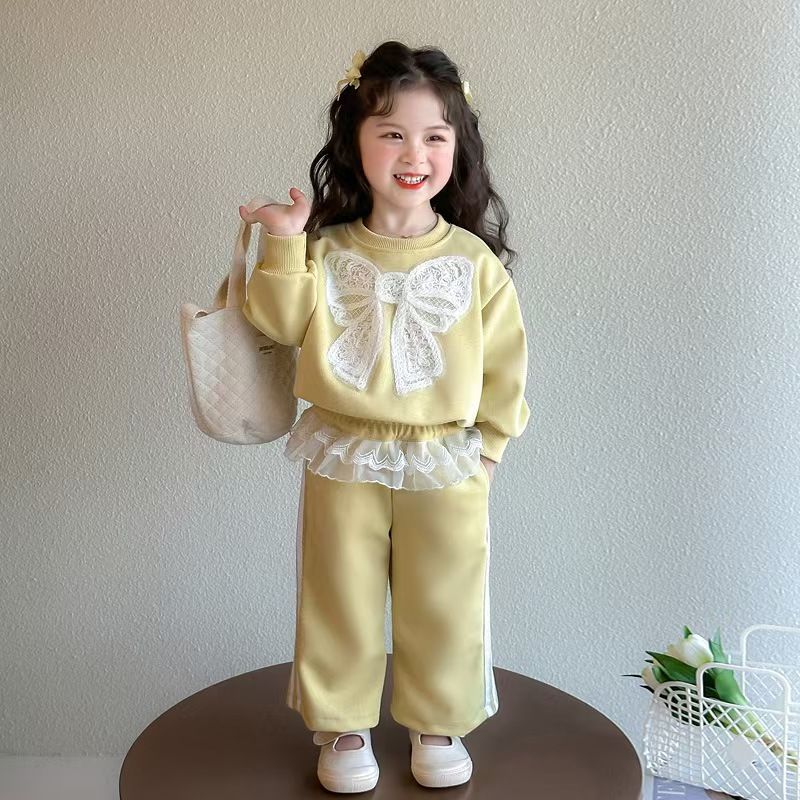 Baby girl's top and pants set new lace and stylish lace hoodie casual girls' sweatpants two-piece set