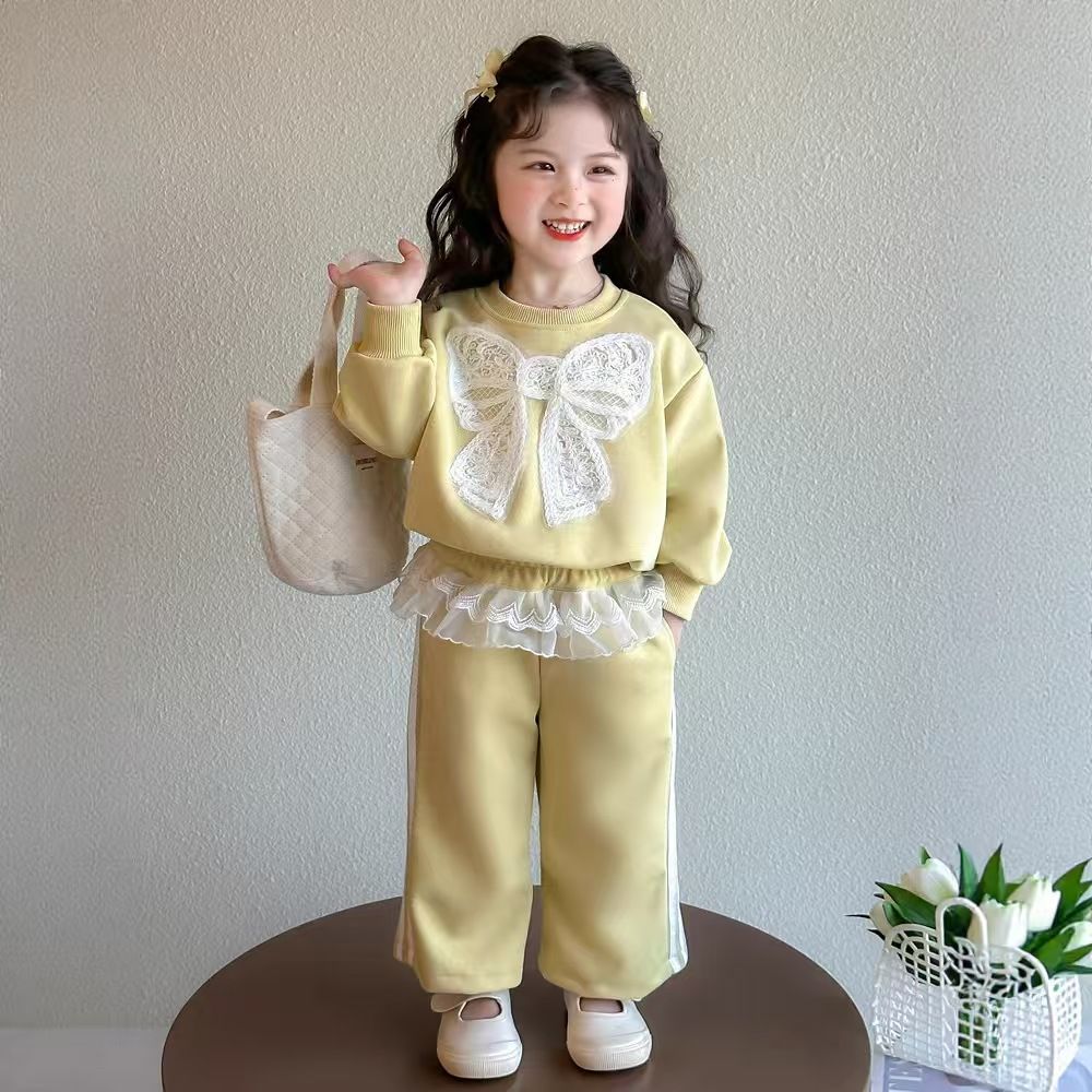 Baby girl's top and pants set new lace and stylish lace hoodie casual girls' sweatpants two-piece set