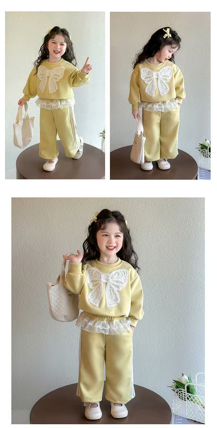 Baby girl's top and pants set new lace and stylish lace hoodie casual girls' sweatpants two-piece set