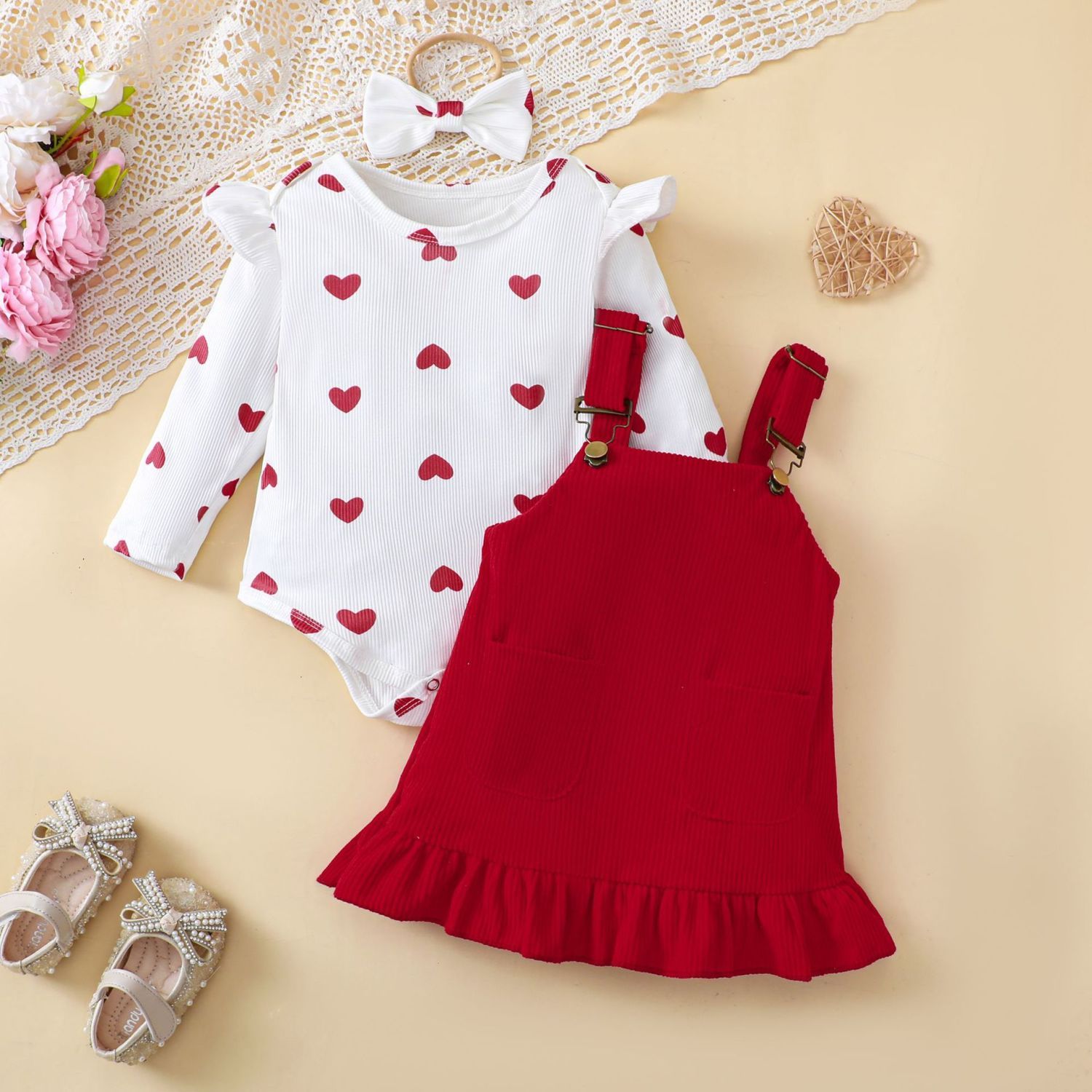 Newborn Baby's Clothes Girls Outfits Sweet Style Long Sleeve Round Collar Kids Romper Front Pocket Suspender Skirt Headwear Set