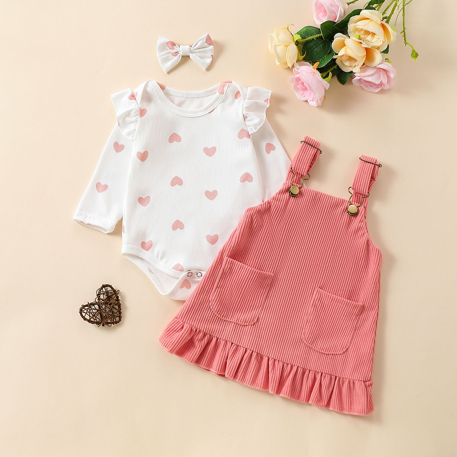 Newborn Baby's Clothes Girls Outfits Sweet Style Long Sleeve Round Collar Kids Romper Front Pocket Suspender Skirt Headwear Set