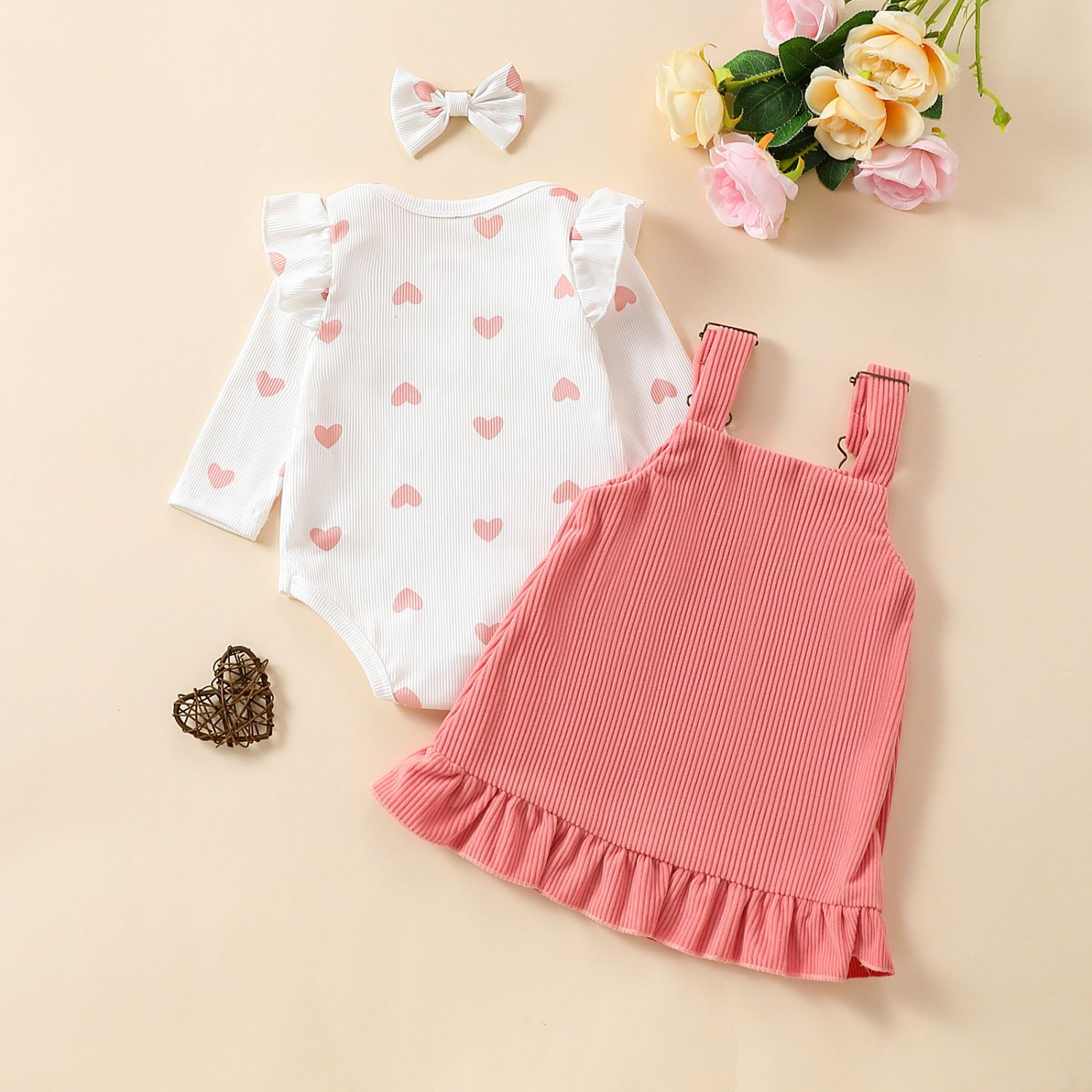 Newborn Baby's Clothes Girls Outfits Sweet Style Long Sleeve Round Collar Kids Romper Front Pocket Suspender Skirt Headwear Set