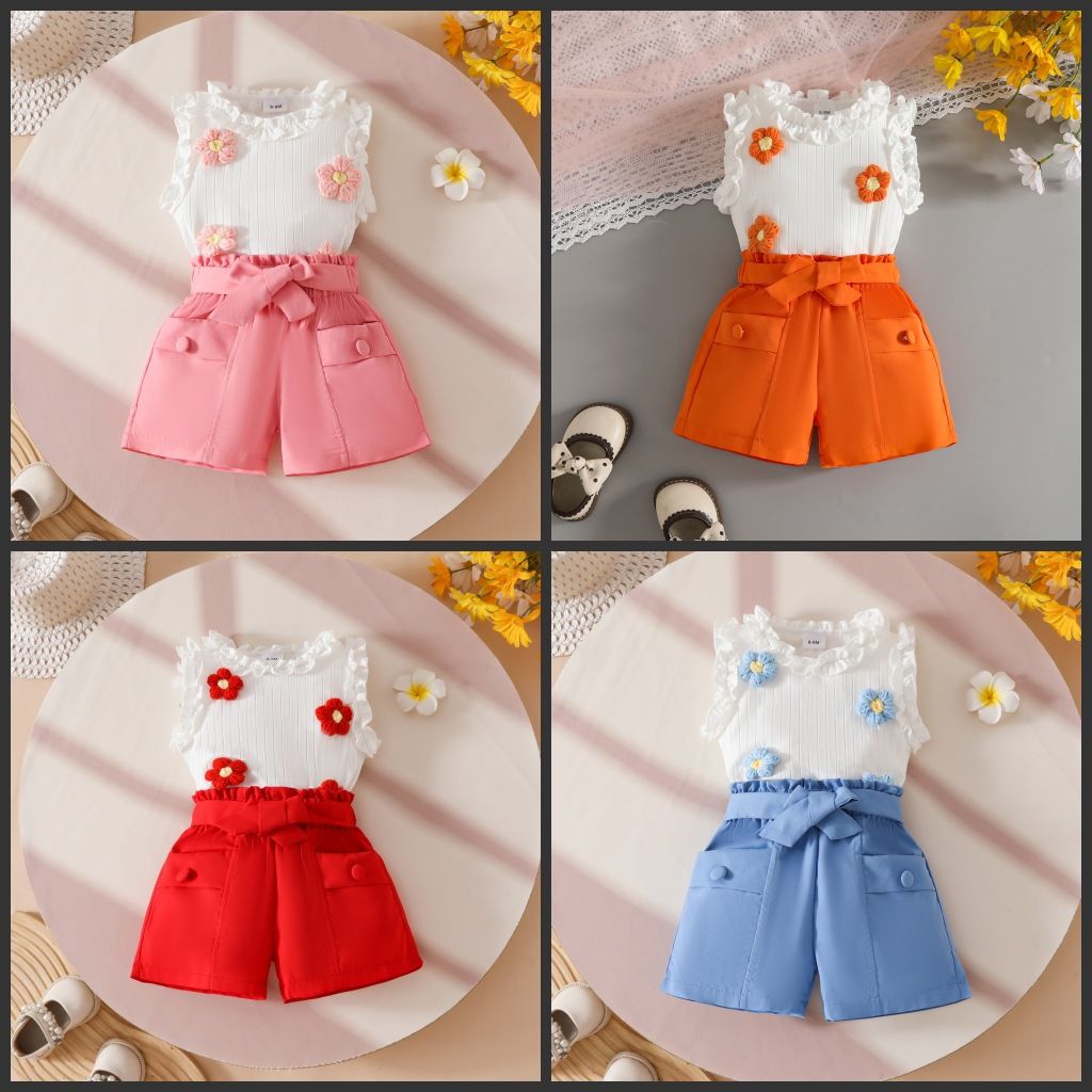 European and American fashion children's clothing girls' pleated edge sleeveless top waist belt fake purse shorts girls' clothing set