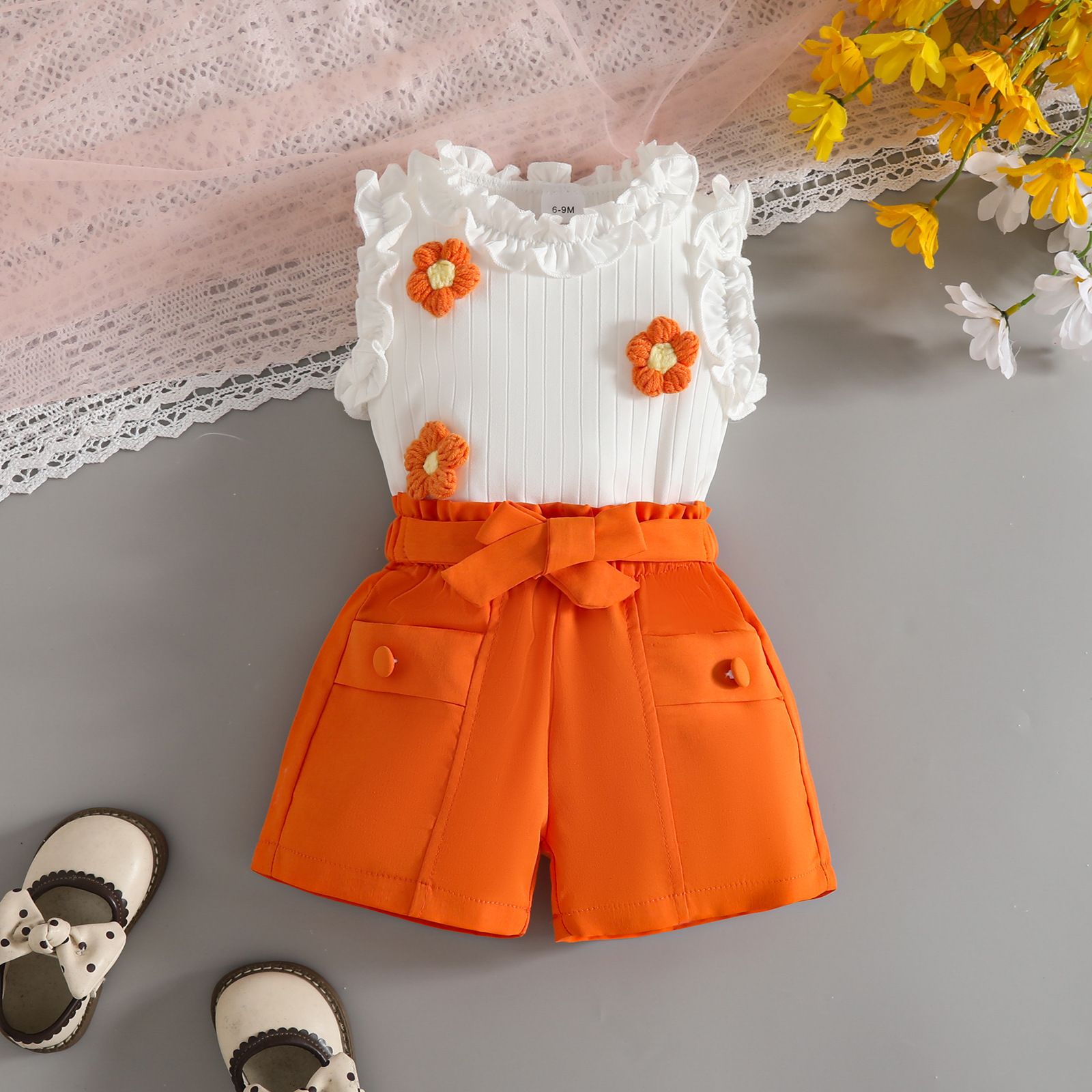 European and American fashion children's clothing girls' pleated edge sleeveless top waist belt fake purse shorts girls' clothing set
