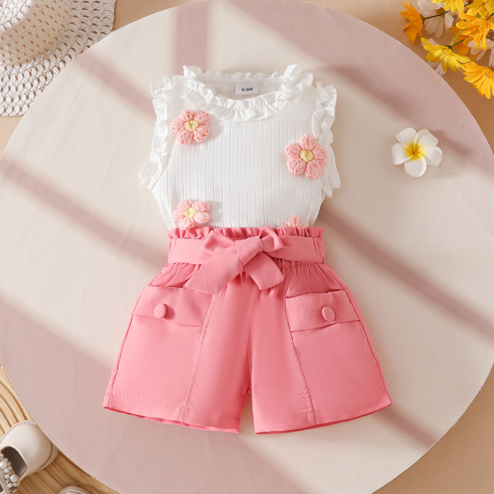 European and American fashion children's clothing girls' pleated edge sleeveless top waist belt fake purse shorts girls' clothing set