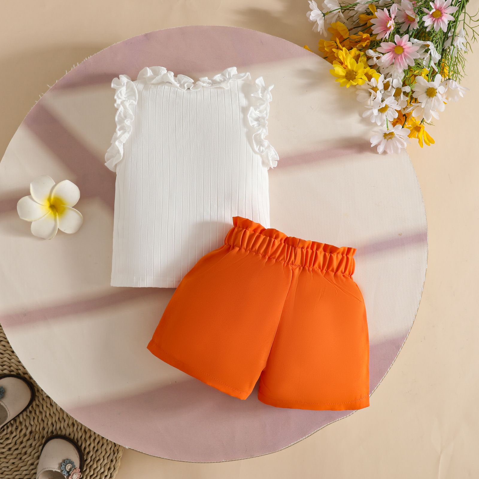 European and American fashion children's clothing girls' pleated edge sleeveless top waist belt fake purse shorts girls' clothing set