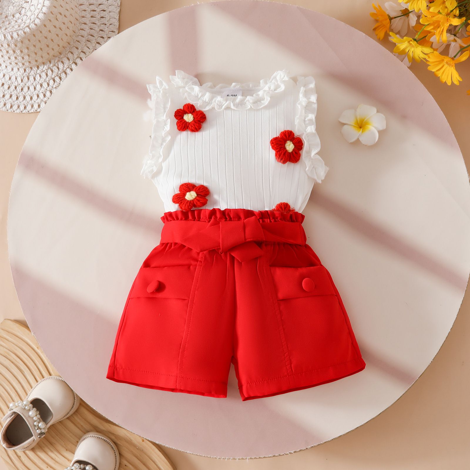 European and American fashion children's clothing girls' pleated edge sleeveless top waist belt fake purse shorts girls' clothing set