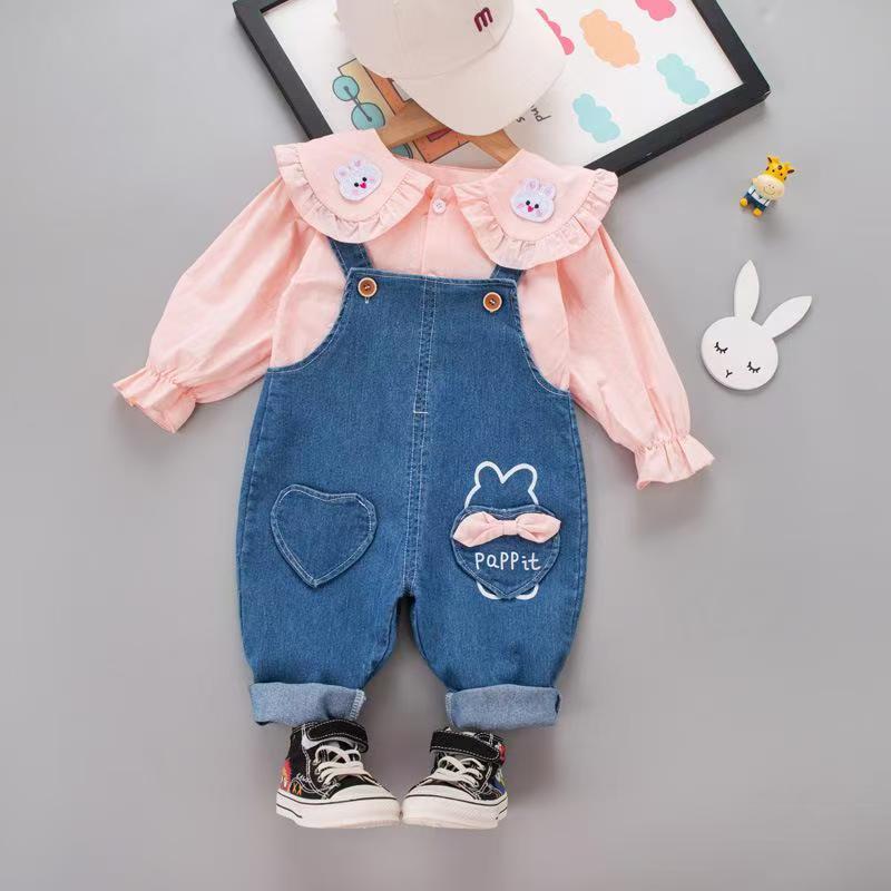 Children's set baby top+overalls new stylish doll collar overalls two-piece set for children and girls aged 0-4