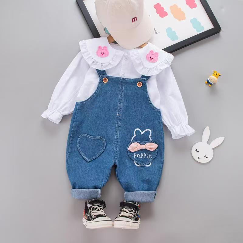 Children's set baby top+overalls new stylish doll collar overalls two-piece set for children and girls aged 0-4