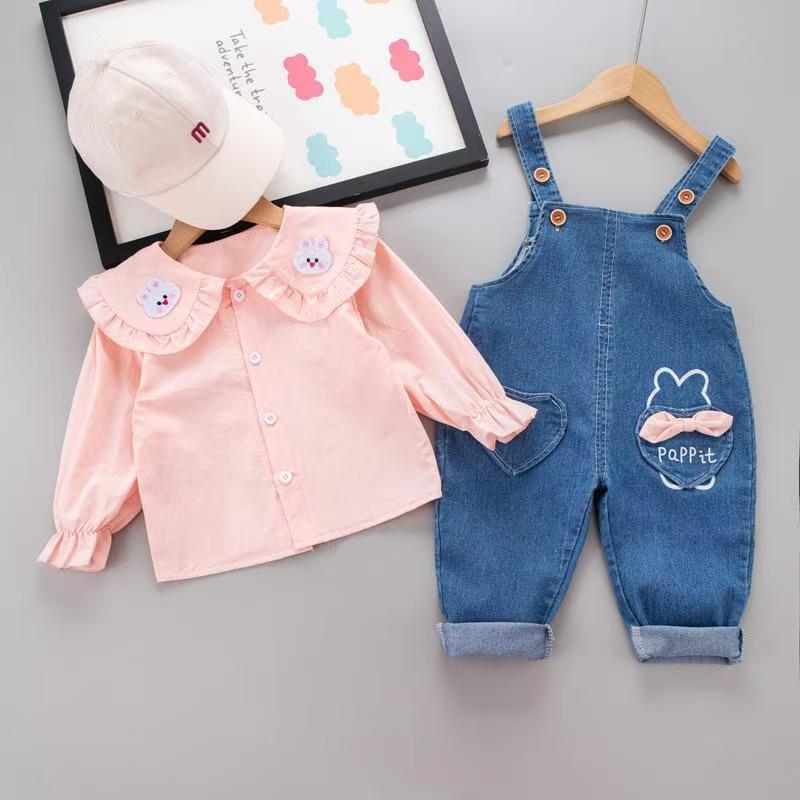 Children's set baby top+overalls new stylish doll collar overalls two-piece set for children and girls aged 0-4