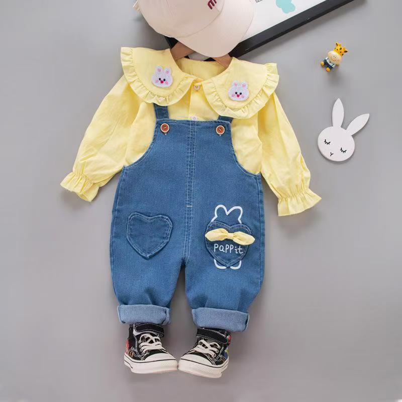 Children's set baby top+overalls new stylish doll collar overalls two-piece set for children and girls aged 0-4