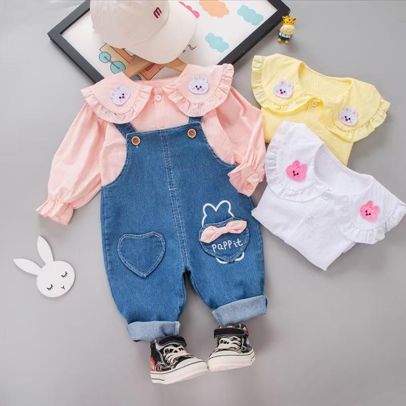 Children's set baby top+overalls new stylish doll collar overalls two-piece set for children and girls aged 0-4