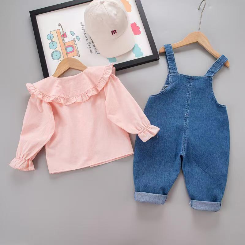 Children's set baby top+overalls new stylish doll collar overalls two-piece set for children and girls aged 0-4
