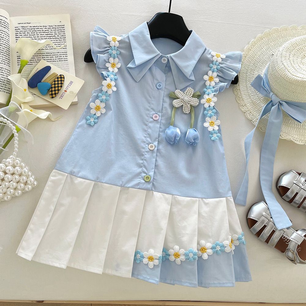 Girls' dress summer new style with small fly sleeves, three-dimensional flower princess dress, baby girl pleated color blocked dress
