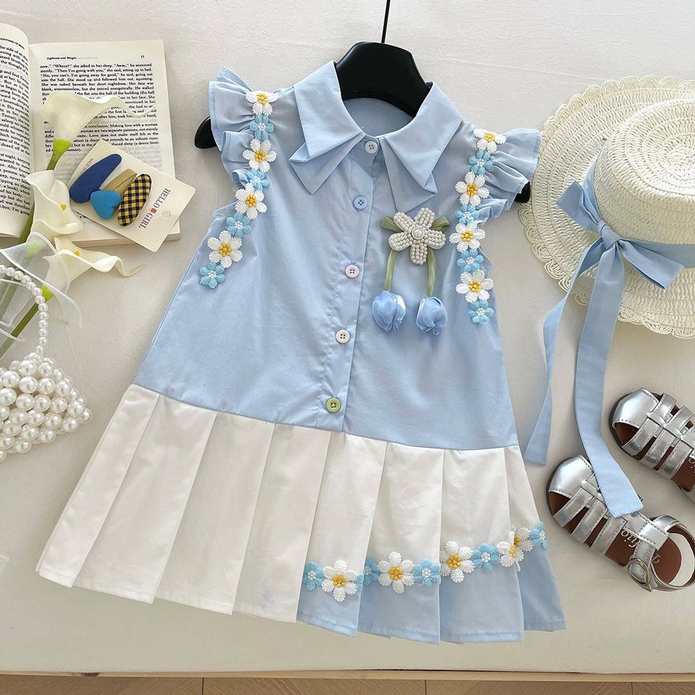Girls' dress summer new style with small fly sleeves, three-dimensional flower princess dress, baby girl pleated color blocked dress