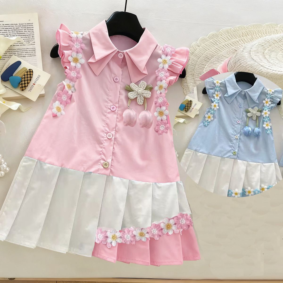 Girls' dress summer new style with small fly sleeves, three-dimensional flower princess dress, baby girl pleated color blocked dress