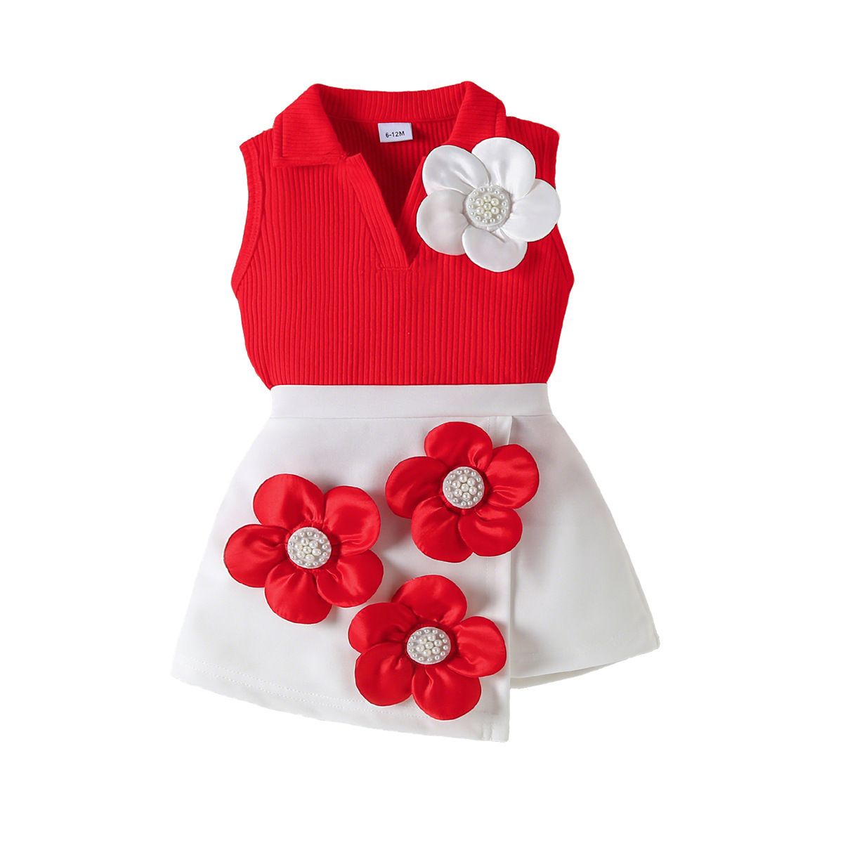 Girl's clothing set V-neck sleeveless pit top+white applique shorts set European and American girl's lapel dress