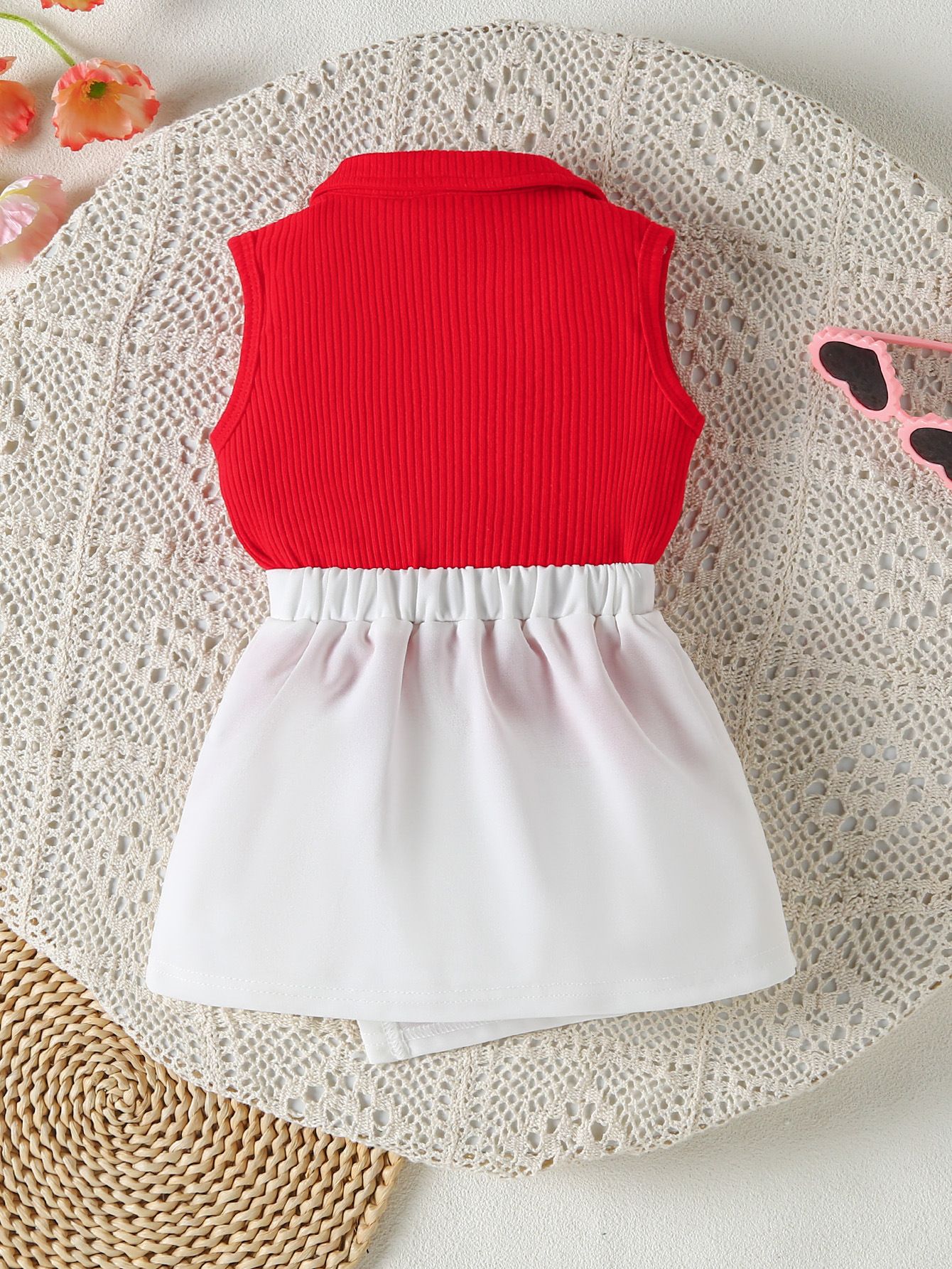 Girl's clothing set V-neck sleeveless pit top+white applique shorts set European and American girl's lapel dress