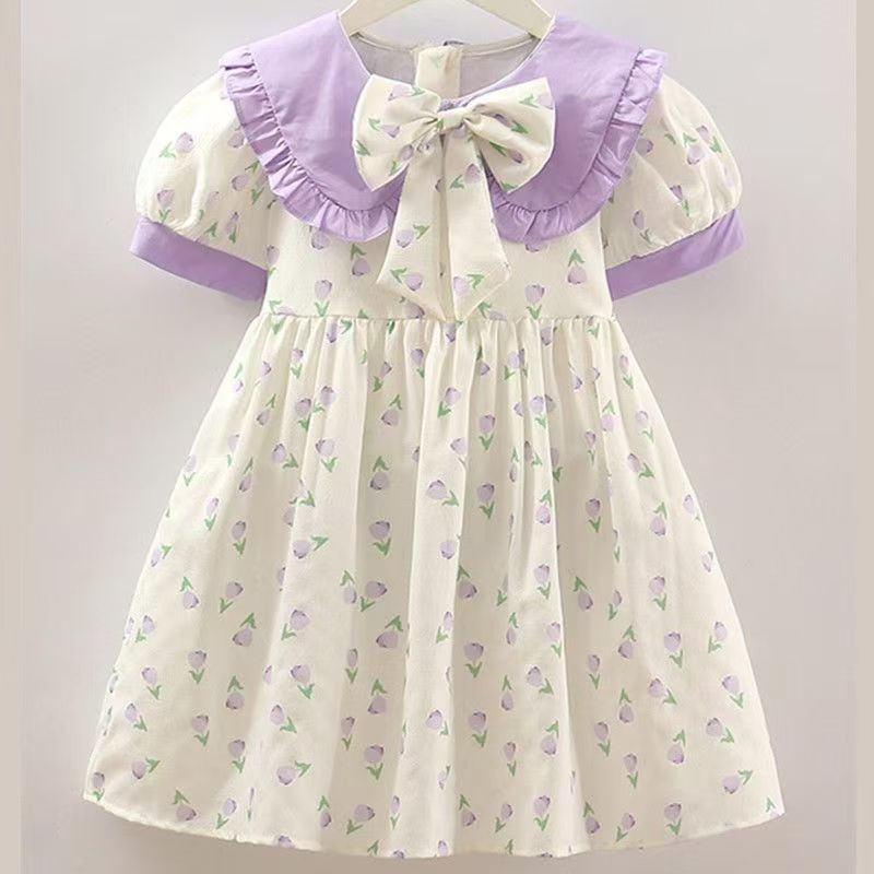 Girls' dress floral princess dress new children's summer dress stylish and cute short sleeved girls' dress