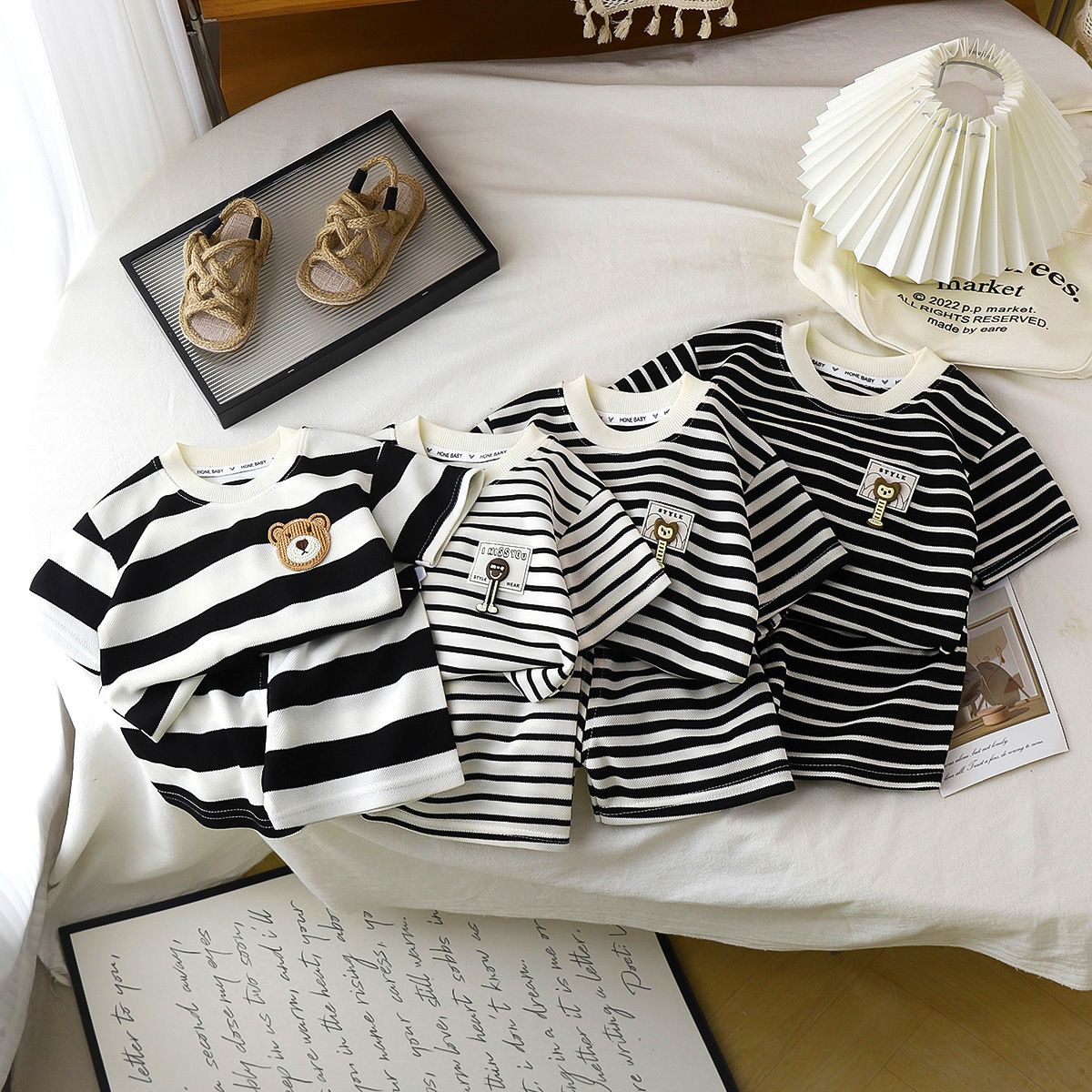 Children's short sleeved set with black and white stripes boys' t-shirt baby's summer children's clothing girls' shorts new baby clothes
