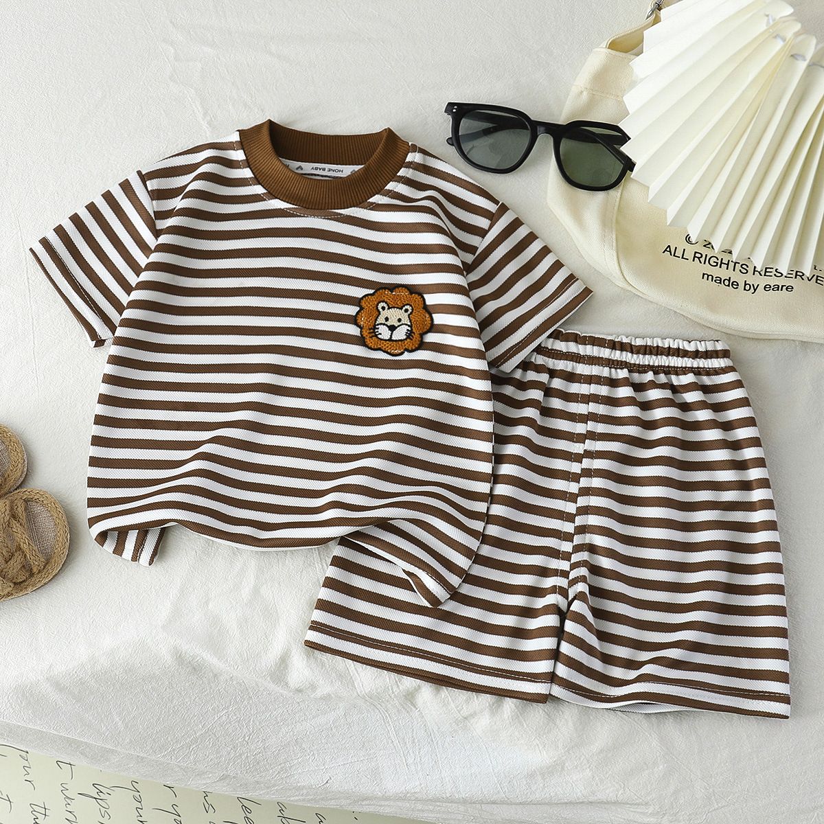 Children's short sleeved set with black and white stripes boys' t-shirt baby's summer children's clothing girls' shorts new baby clothes