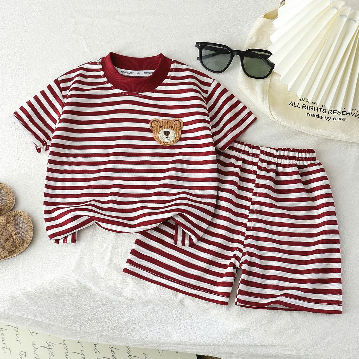 Children's short sleeved set with black and white stripes boys' t-shirt baby's summer children's clothing girls' shorts new baby clothes