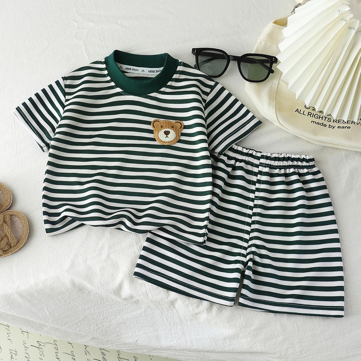 Children's short sleeved set with black and white stripes boys' t-shirt baby's summer children's clothing girls' shorts new baby clothes