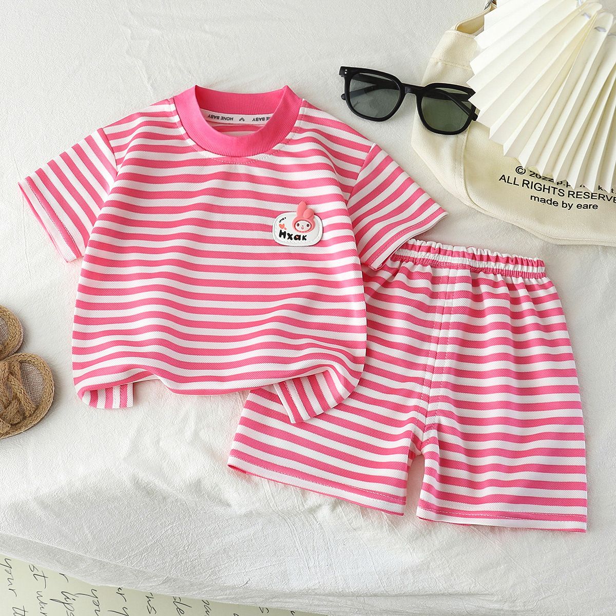Children's short sleeved set with black and white stripes boys' t-shirt baby's summer children's clothing girls' shorts new baby clothes