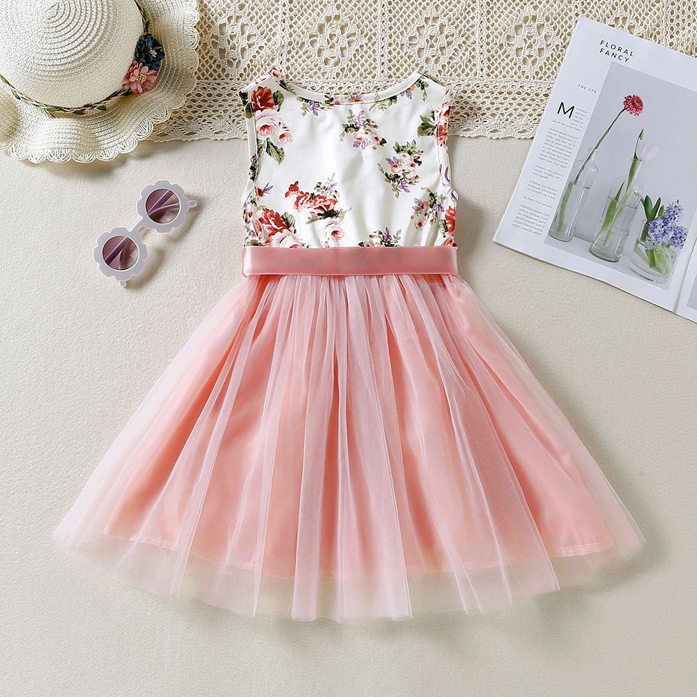 New children's clothing girls' dress for spring and summer floral mesh vest princess dress with tie up included