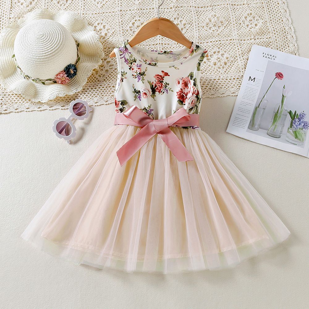 New children's clothing girls' dress for spring and summer floral mesh vest princess dress with tie up included