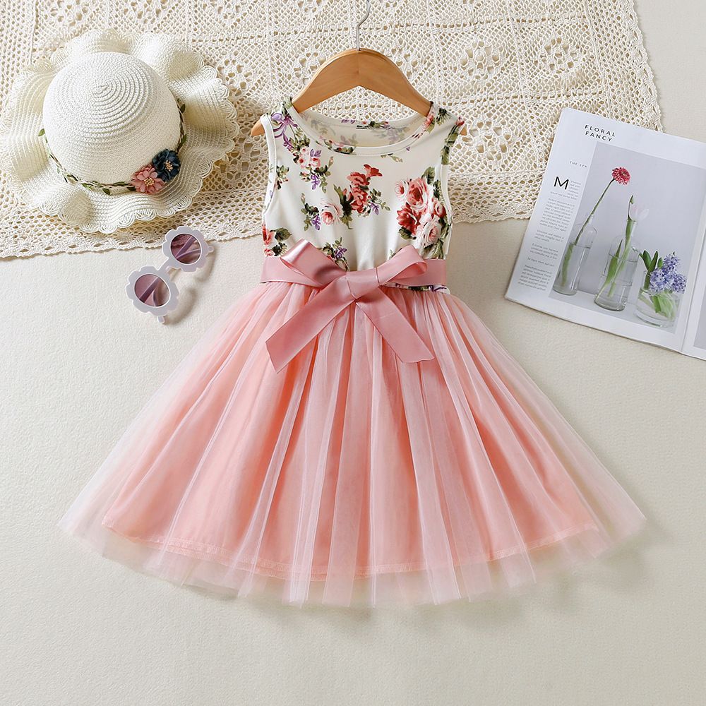 New children's clothing girls' dress for spring and summer floral mesh vest princess dress with tie up included