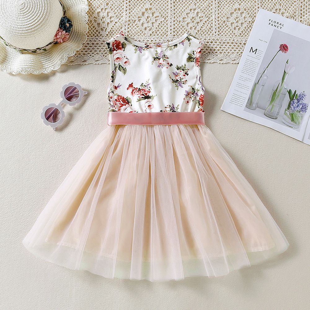 New children's clothing girls' dress for spring and summer floral mesh vest princess dress with tie up included